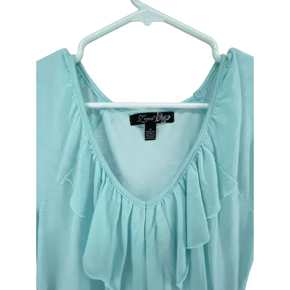 Lena Light Blue Ruffled Short Sleeve Blouse Women's Size Small
